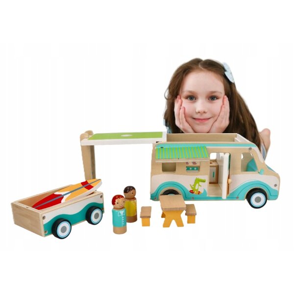 Holzcamper für Puppen mit Anhänger und 11 Zubehörteilen – Öko-Spielzeug 3+