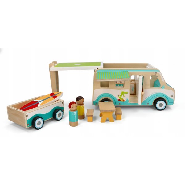 Holzcamper für Puppen mit Anhänger und 11 Zubehörteilen – Öko-Spielzeug 3+