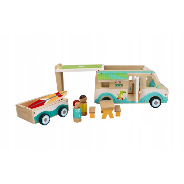 Holzcamper für Puppen mit Anhänger und 11 Zubehörteilen – Öko-Spielzeug 3+
