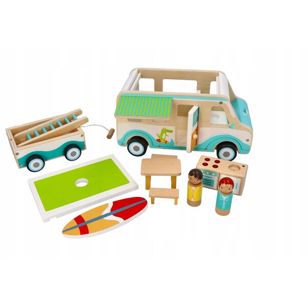 Holzcamper für Puppen mit Anhänger und 11 Zubehörteilen – Öko-Spielzeug 3+