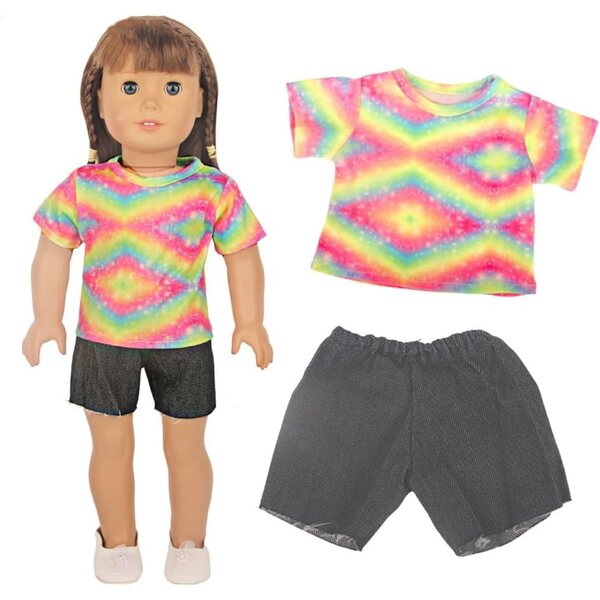Amerikanische Puppenkleidung 18 Zoll – 2-teiliges Set, Batik-T-Shirt und Shorts