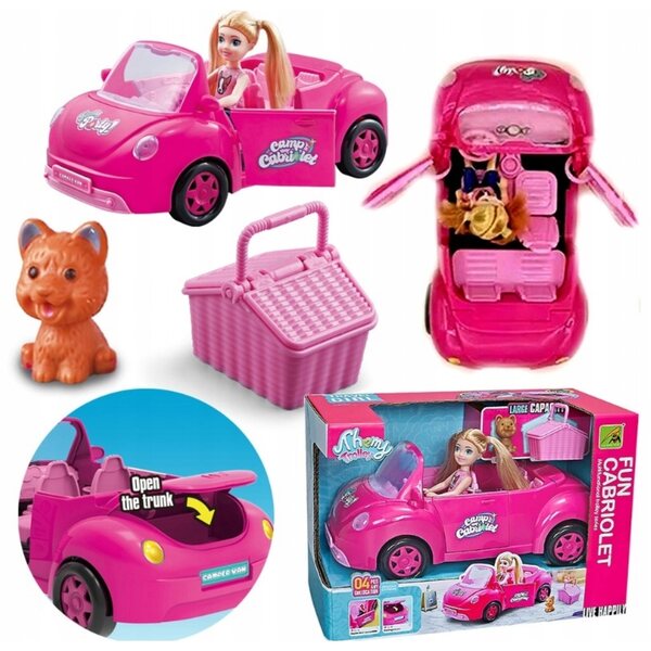 Großes rosa Cabriolet für Puppen mit Zubehör – Auto, Puppe, Hund und Picknick-Set