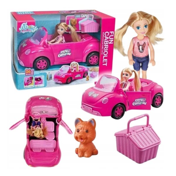 Großes rosa Cabriolet für Puppen mit Zubehör – Auto, Puppe, Hund und Picknick-Set