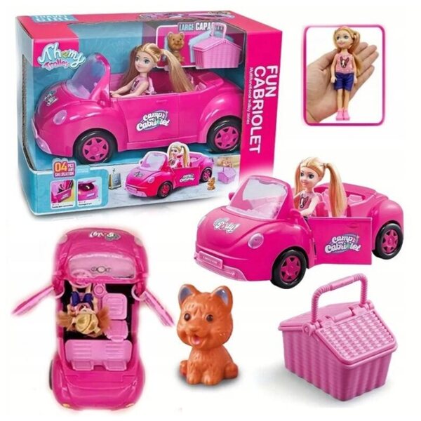 Großes rosa Cabriolet für Puppen mit Zubehör – Auto, Puppe, Hund und Picknick-Set