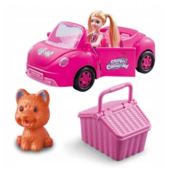 Großes rosa Cabriolet für Puppen mit Zubehör – Auto, Puppe, Hund und Picknick-Set