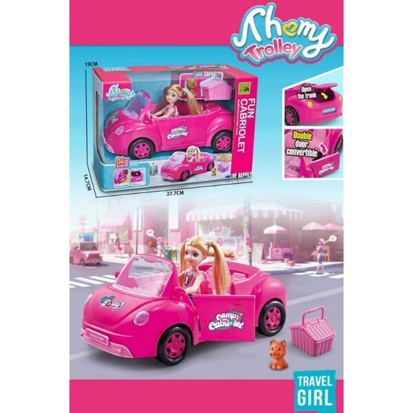Großes rosa Cabriolet für Puppen mit Zubehör – Auto, Puppe, Hund und Picknick-Set