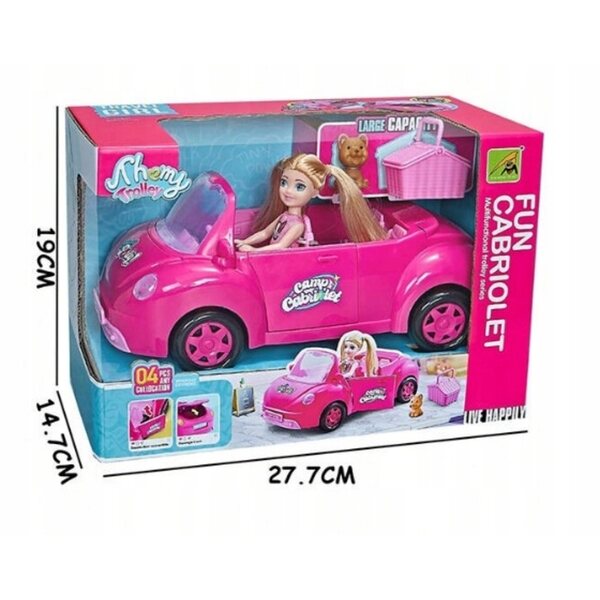 Großes rosa Cabriolet für Puppen mit Zubehör – Auto, Puppe, Hund und Picknick-Set