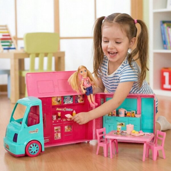 Großer rosa Kamper-Imbisswagen für Kinder ab 3 Jahren, Rollenspiele und Abenteuer