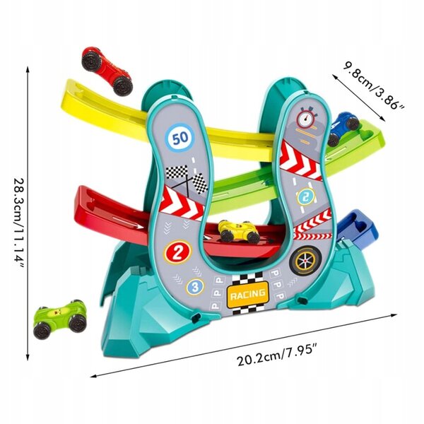 Rennturm für Kinder mit Rampe und Parkplatz für 4 Autos aus sicherem ABS