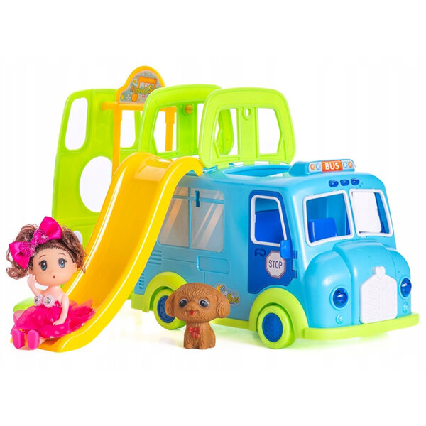 Ein Puppencamper mit Bus, Schaukel, Puppe und Hund, blau 3+