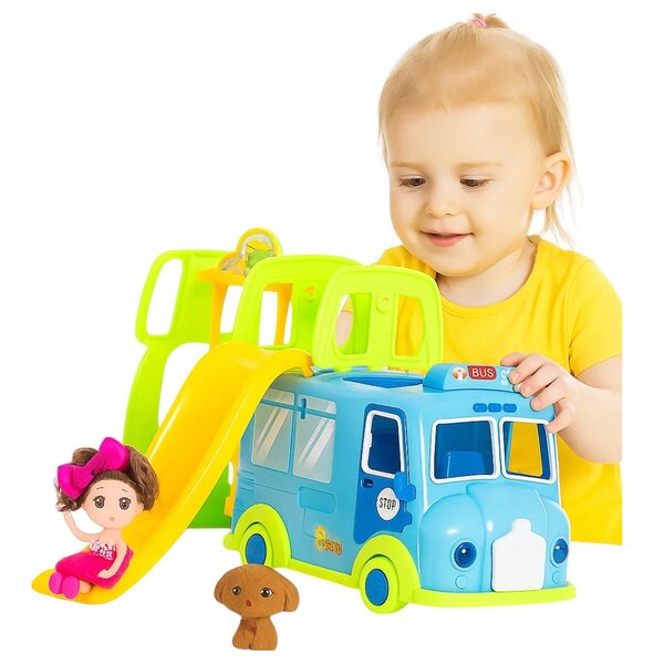 Ein Puppencamper mit Bus, Schaukel, Puppe und Hund, blau 3+