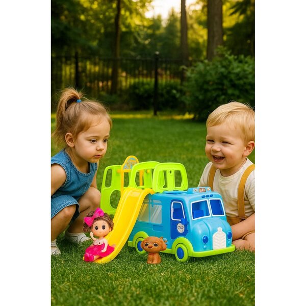 Ein Puppencamper mit Bus, Schaukel, Puppe und Hund, blau 3+