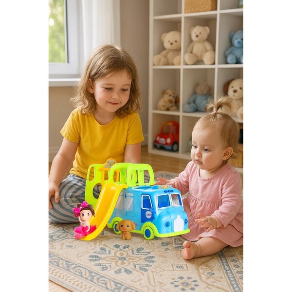 Ein Puppencamper mit Bus, Schaukel, Puppe und Hund, blau 3+