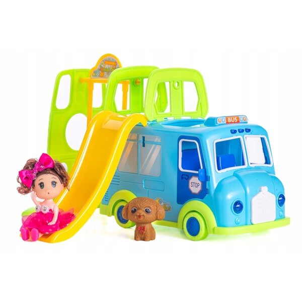Ein Puppencamper mit Bus, Schaukel, Puppe und Hund, blau 3+