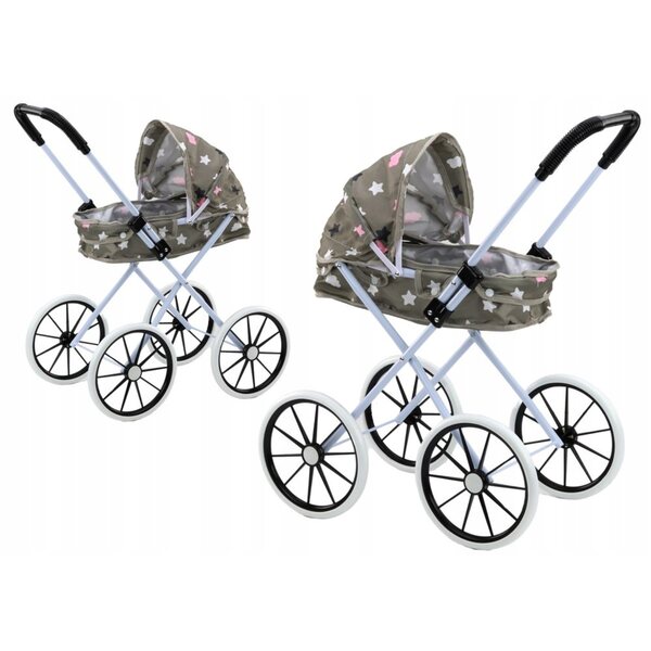 Grauer faltbarer Puppenwagen mit großen Rädern und Sternen – 60 cm