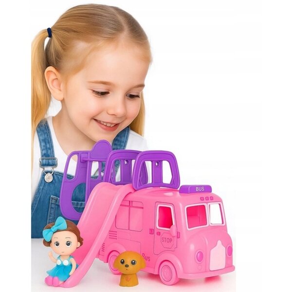 Kamper für Puppen mit Bus, Schaukel, Hund und rosa Rutsche – sicheres und kreatives Spielset