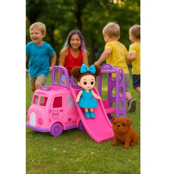 Kamper für Puppen mit Bus, Schaukel, Hund und rosa Rutsche – sicheres und kreatives Spielset