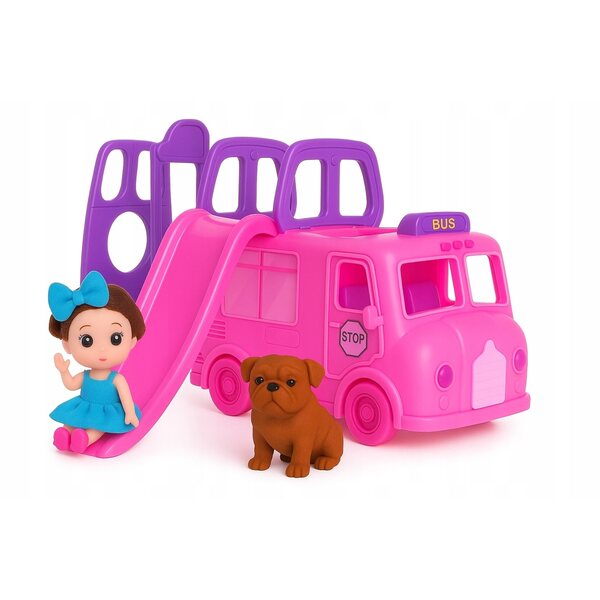 Kamper für Puppen mit Bus, Schaukel, Hund und rosa Rutsche – sicheres und kreatives Spielset