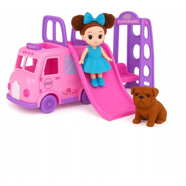 Kamper für Puppen mit Bus, Schaukel, Hund und rosa Rutsche – sicheres und kreatives Spielset