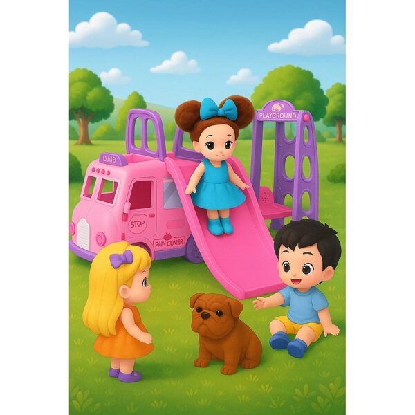 Kamper für Puppen mit Bus, Schaukel, Hund und rosa Rutsche – sicheres und kreatives Spielset
