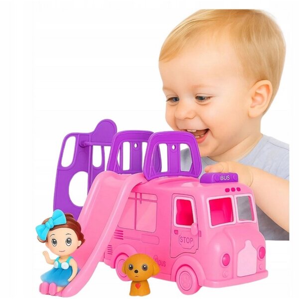 Kamper für Puppen mit Bus, Schaukel, Hund und rosa Rutsche – sicheres und kreatives Spielset