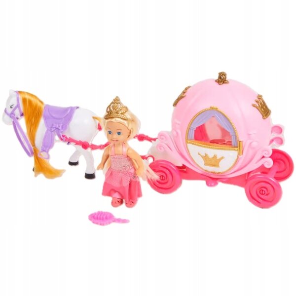 Rosa Spielzeugset für Mädchen mit Kutsche, Pferd, Puppe und Bürste