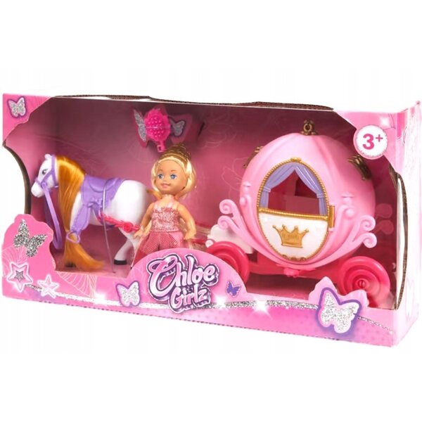 Rosa Spielzeugset für Mädchen mit Kutsche, Pferd, Puppe und Bürste