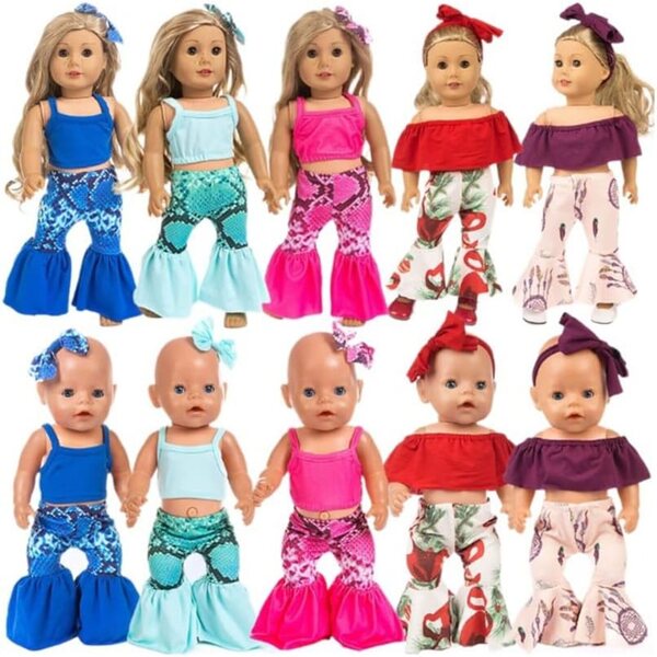 18-Zoll-Vintage-Kleidungsset für amerikanische Puppen, 3-teiliges Set mit ausgestellter Hose, Oberteil und Stirnband
