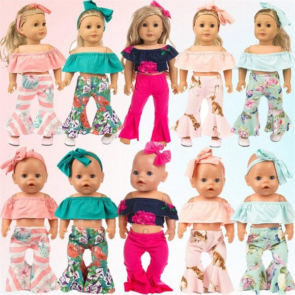 18-Zoll-Vintage-Kleidungsset für amerikanische Puppen, 3-teiliges Set mit ausgestellter Hose, Oberteil und Stirnband