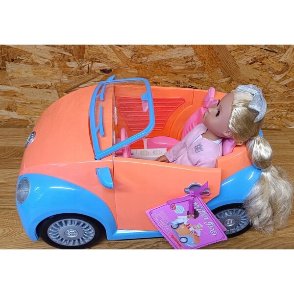 Glitzernde Mädchen Candice mit mehrfarbigem Cabriolet-Auto für Kinder ab 7 Jahren
