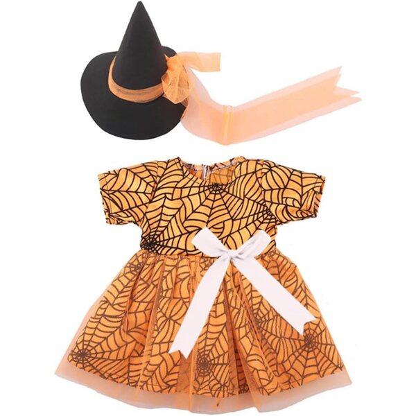 18-Zoll-Puppenkleidung – 2-teiliges Halloween-Set mit Spinnennetz und orangefarbenem Hut
