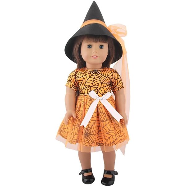 18-Zoll-Puppenkleidung – 2-teiliges Halloween-Set mit Spinnennetz und orangefarbenem Hut
