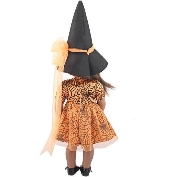 18-Zoll-Puppenkleidung – 2-teiliges Halloween-Set mit Spinnennetz und orangefarbenem Hut