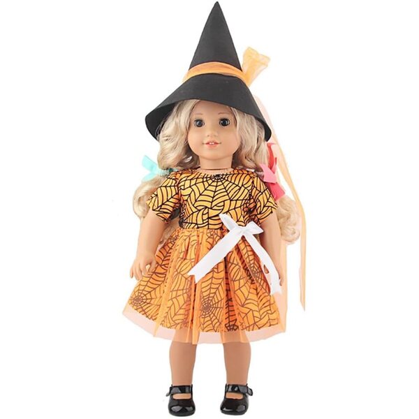 18-Zoll-Puppenkleidung – 2-teiliges Halloween-Set mit Spinnennetz und orangefarbenem Hut