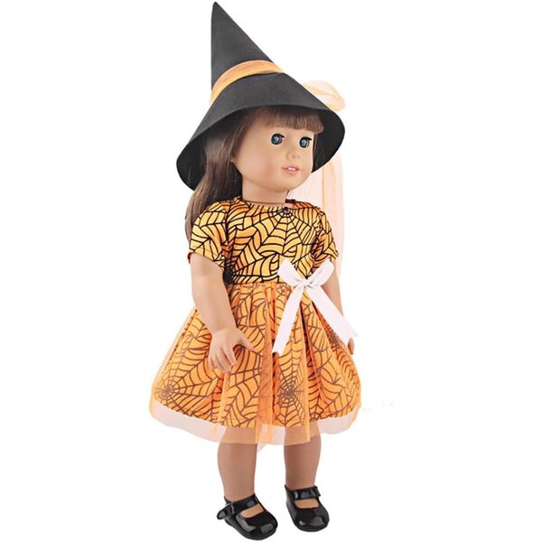 18-Zoll-Puppenkleidung – 2-teiliges Halloween-Set mit Spinnennetz und orangefarbenem Hut