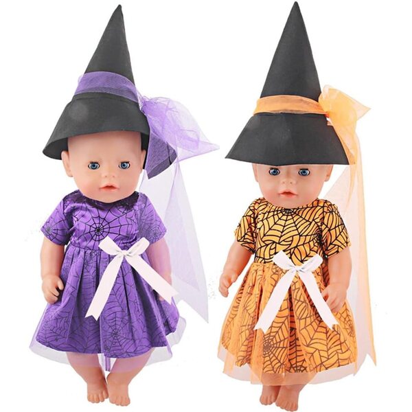 18-Zoll-Puppenkleidung – 2-teiliges Halloween-Set mit Spinnennetz und orangefarbenem Hut