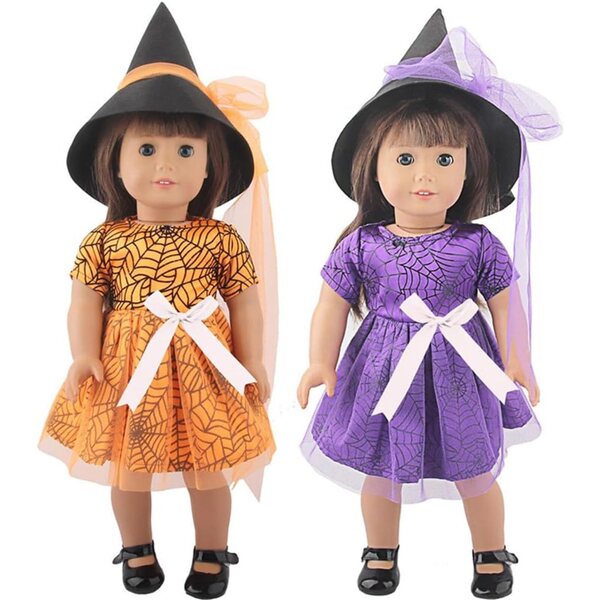 18-Zoll-Puppenkleidung – 2-teiliges Halloween-Set mit Spinnennetz und orangefarbenem Hut