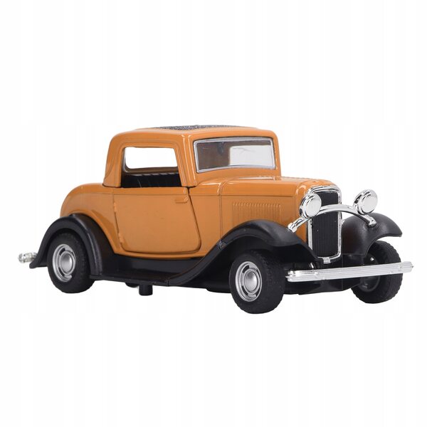 Klassisches Oldtimermodell im Maßstab 1:32 mit aufklappbaren Türen und gelbem Rückziehmechanismus