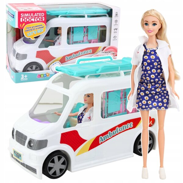 Spielzeugkrankenwagen mit Trage und Arztpuppe, mobiles Krankenhaus für Kinder