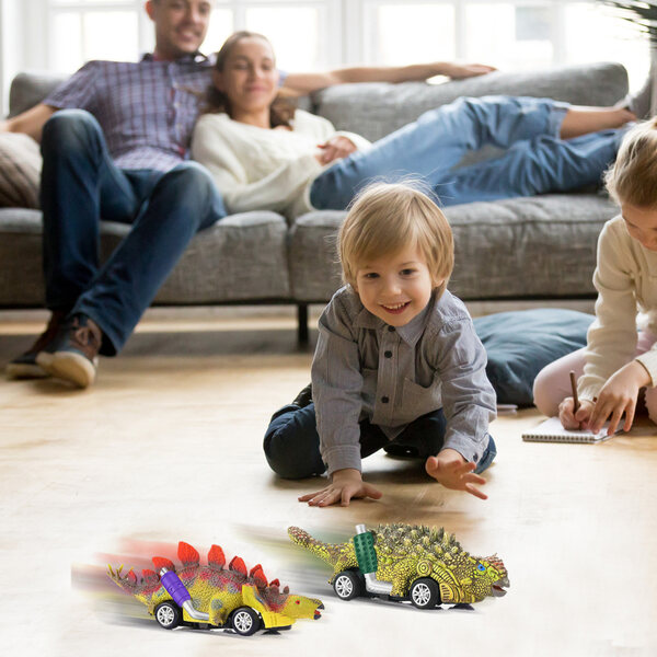 Set mit 6 Dinosauriermodellen mit rutschfesten Rückziehautos für Kinder von 2 bis 8 Jahren