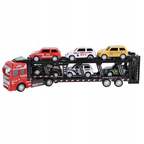 Ein rotes Transporter-Modell mit 6 abnehmbaren Autos für Kinder