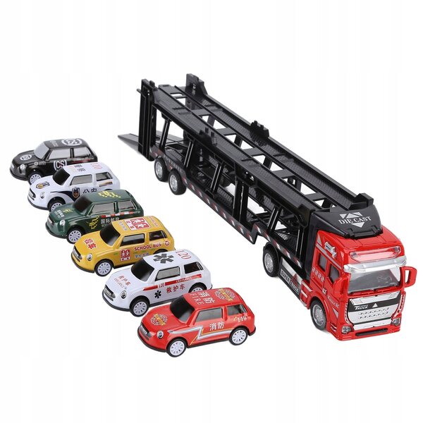 Ein rotes Transporter-Modell mit 6 abnehmbaren Autos für Kinder