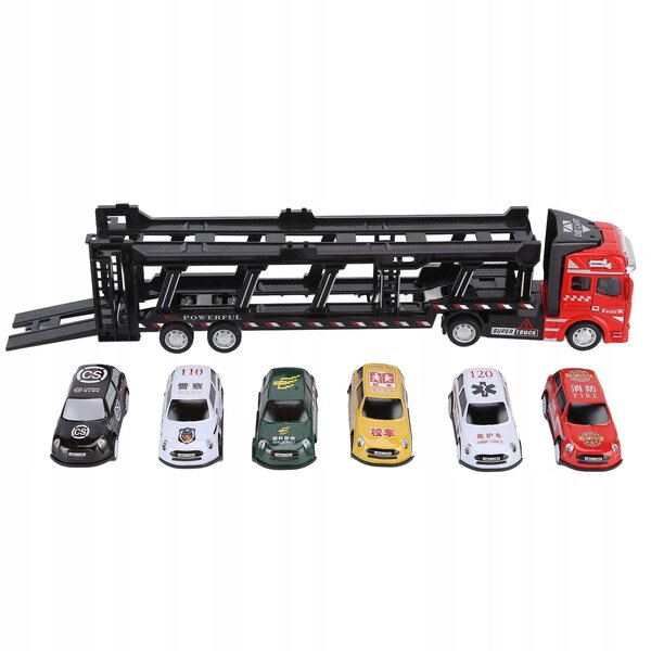 Ein rotes Transporter-Modell mit 6 abnehmbaren Autos für Kinder