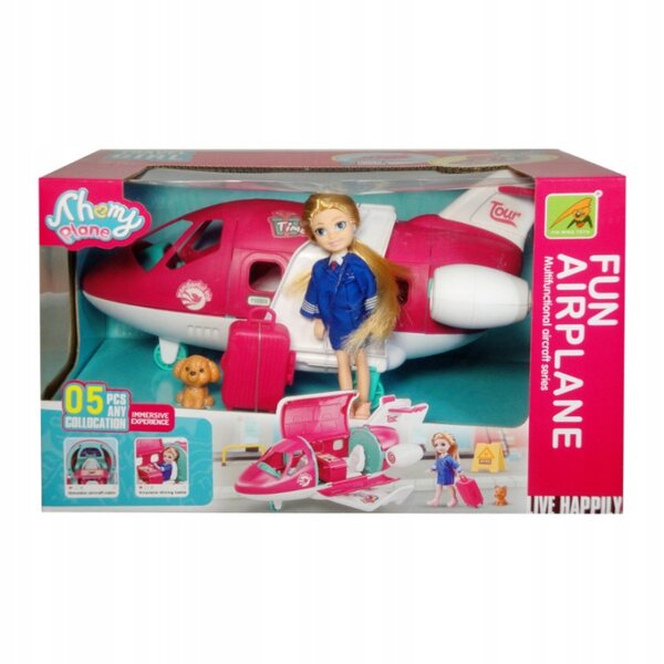 Bambola con aereo e accessori set viaggio per bambini oltre 3 anni