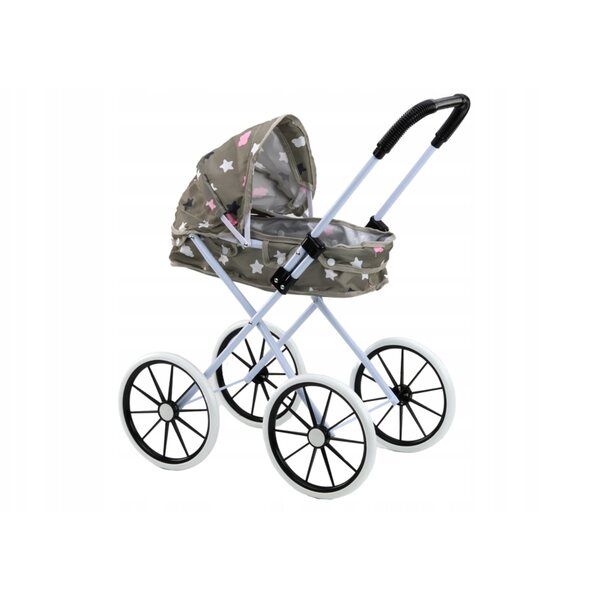 Grauer Puppenwagen mit Sternen und Wolken, faltbarem Verdeck, Schaumstoffrädern