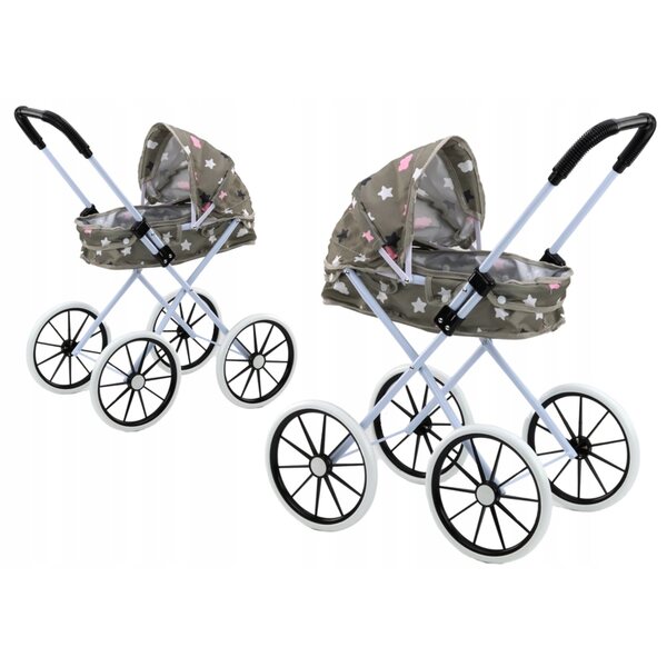 Grauer Puppenwagen mit Sternen und Wolken, faltbarem Verdeck, Schaumstoffrädern