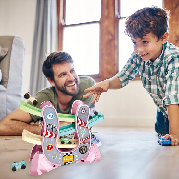 Renntor für Kinder mit 4 Spielzeugautos und Parkplatz, sicheres ABS-Lernspiel