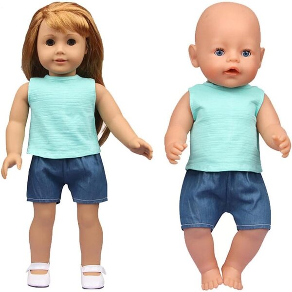 18-Zoll-Puppenkleidung für amerikanische Puppen – 2-teiliges Set aus grünem T-Shirt und Shorts