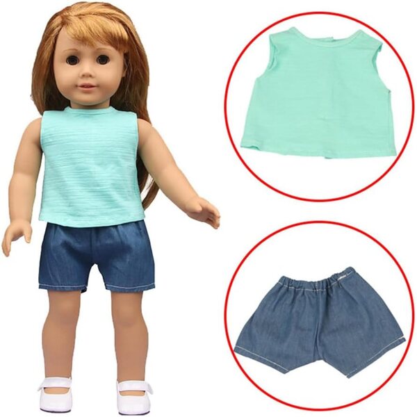 18-Zoll-Puppenkleidung für amerikanische Puppen – 2-teiliges Set aus grünem T-Shirt und Shorts