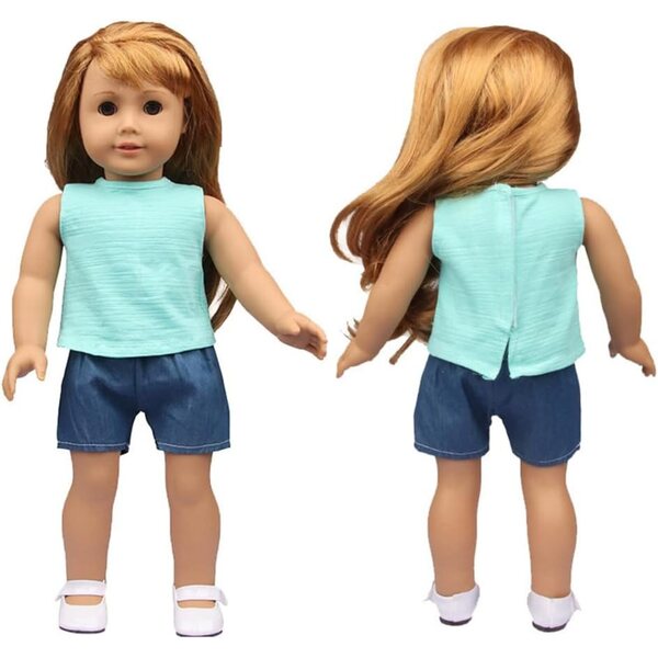 18-Zoll-Puppenkleidung für amerikanische Puppen – 2-teiliges Set aus grünem T-Shirt und Shorts